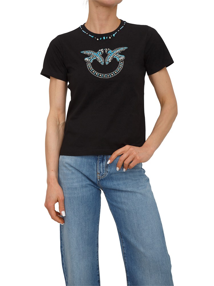 T-shirt Fidenza Pinko in cotone nero con maxi ricamo gioiello