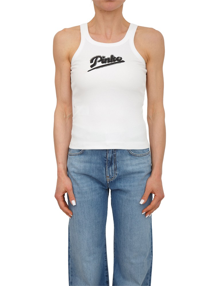 Canotta Caipiroska Pinko in cotone bianco logo strass