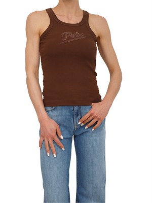 Canotta Caipiroska Pinko in cotone marrone logo strass in DONNA