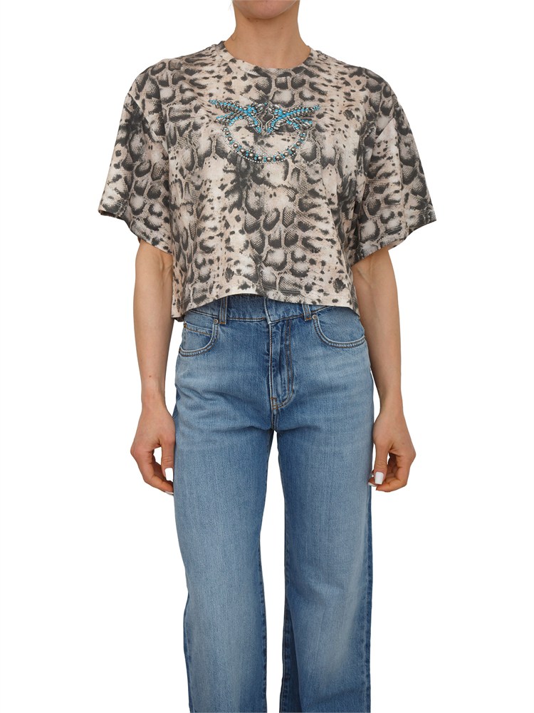 T-shirt cropped Terni Pinko in cotone stampa snake logo cristalli