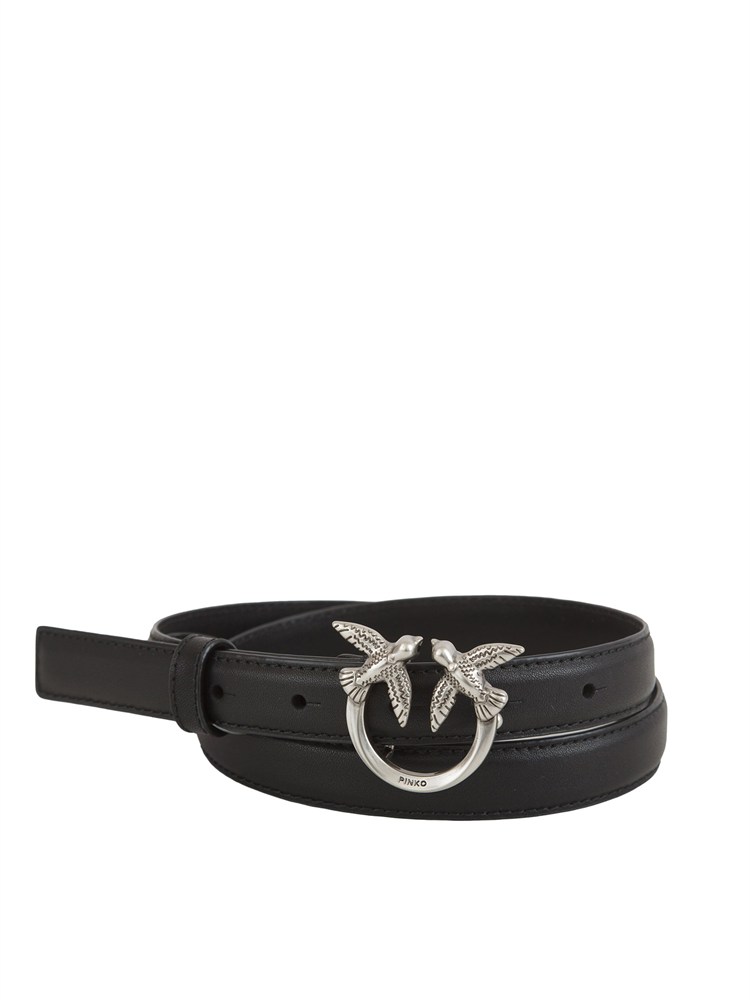 Cintura Pinko in pelle nera e fibbia logo argento
