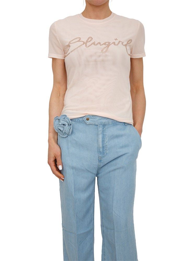 T-shirt Blugirl in tulle doppio cipria con logo cristalli