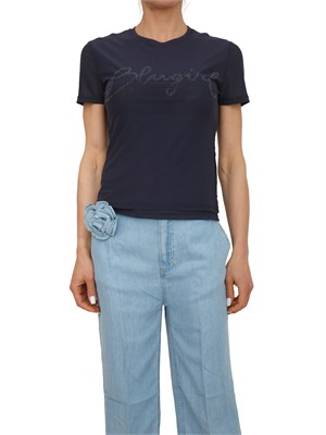 T-shirt Blugirl in tulle doppio cipria con logo cristalli in DONNA