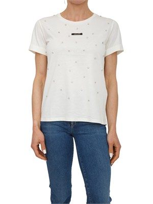 T-shirt Liu Jo donna in cotone bianco panna con cristalli in DONNA