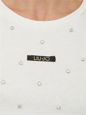 T-shirt Liu Jo donna in cotone bianco panna con cristalli in DONNA