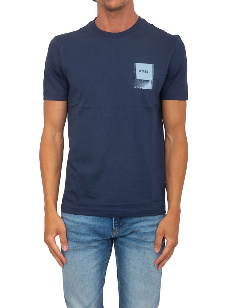 T-shirt BOSS uomo in cotone blu con logo