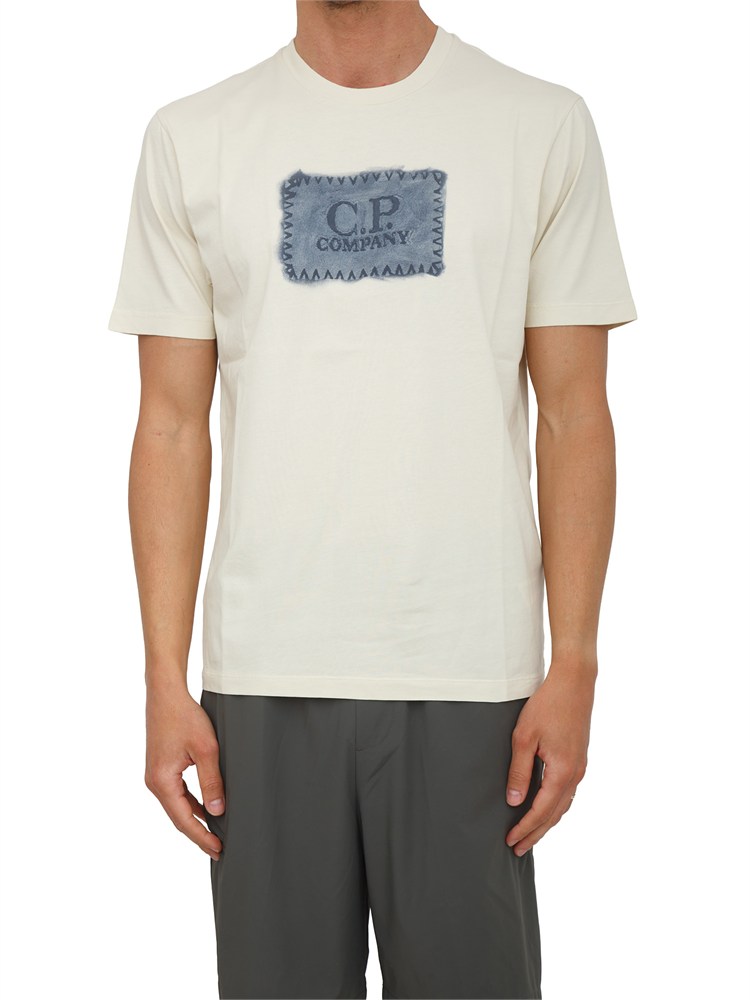 T-shirt C.P. Company in cotone beige ricamo logo