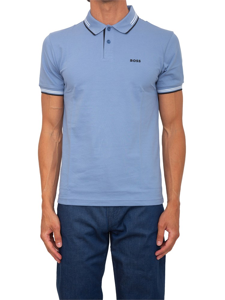 Polo Boss uomo in cotone azzurro inserti a contrasto