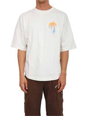 T-shirt Palm Angels in cotone avorio stampa palma in UOMO