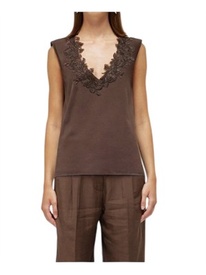 Top Blugirl in cotone stretch marrone con scollo pizzo in DONNA