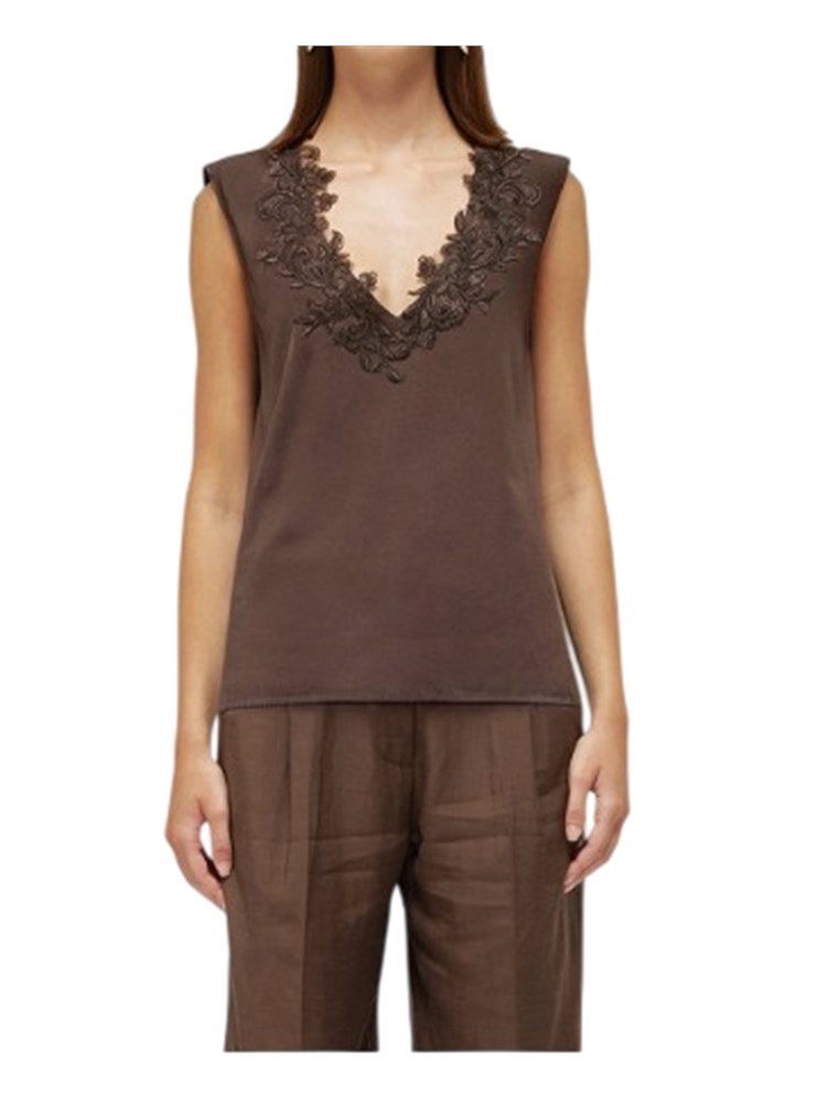 Top Blugirl in cotone stretch marrone con scollo pizzo