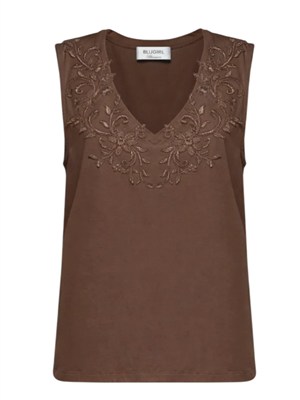 Top Blugirl in cotone stretch marrone con scollo pizzo in DONNA