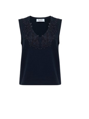 Top Blugirl in cotone stretch blu con scollo pizzo in DONNA