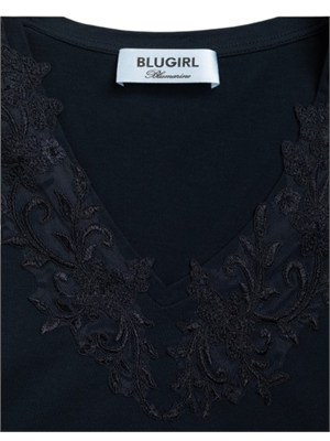 Top Blugirl in cotone stretch blu con scollo pizzo in DONNA