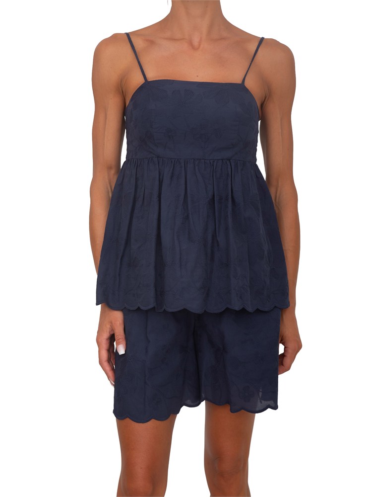 Top Mirto Kocca in cotone blu e ricami ton sur ton