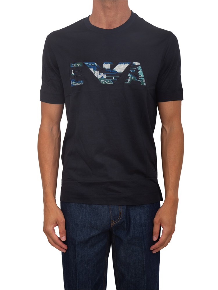 T-shirt Emporio Armani in cotone blu ricamo logo