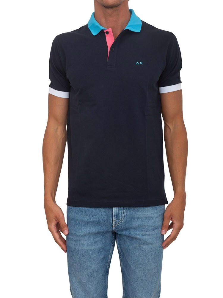 Polo SUN68 in piquet di cotone blu con profili