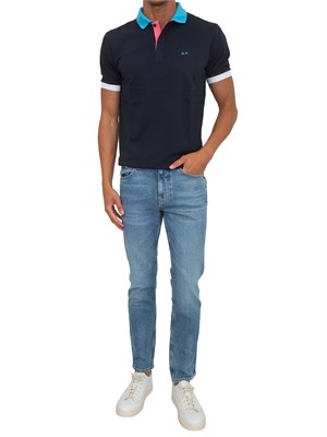 Polo SUN68 in piquet di cotone blu con profili in UOMO