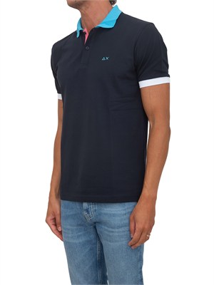 Polo SUN68 in piquet di cotone blu con profili in UOMO