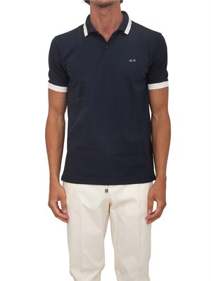 Polo SUN68 in piquet di cotone blu con profili in UOMO