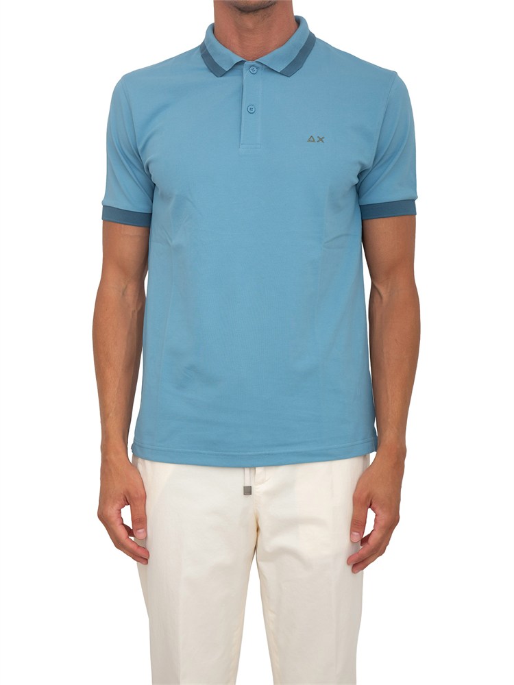 Polo SUN68 in piquet di cotone azzurro con profili