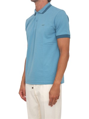 Polo SUN68 in piquet di cotone azzurro con profili in UOMO