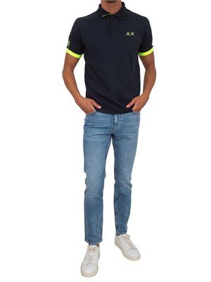 Polo SUN68 in piquet di cotone blu con profili in UOMO