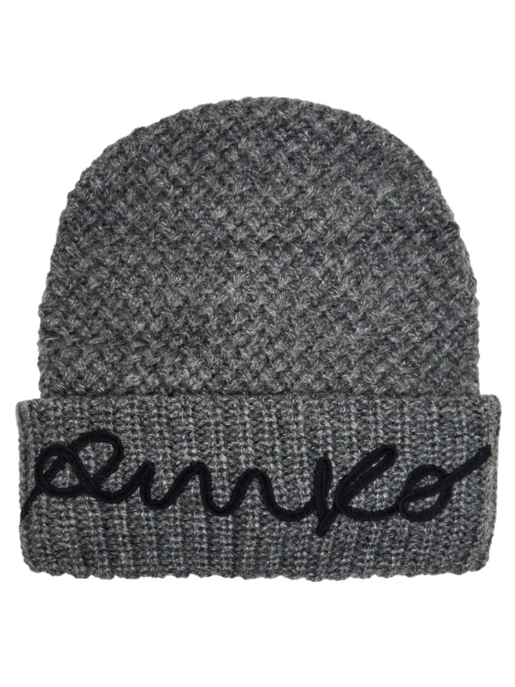 Berretto Pinko in maglia grigia e ricamo logo