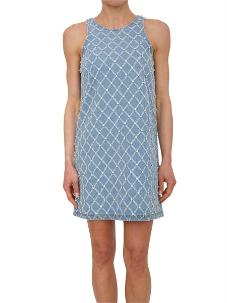 abito corto amorino pinko in denim con strass amorinoa32n