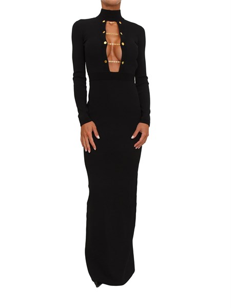 abito lungo elisabetta franchi in maglia di viscosa nera con gemelli gioiello am29s57e2
