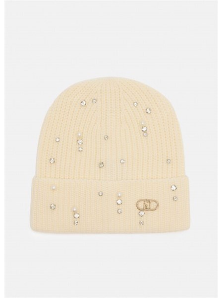 berretto beanie liu jo bianco con strass e perle 2f5017m0300