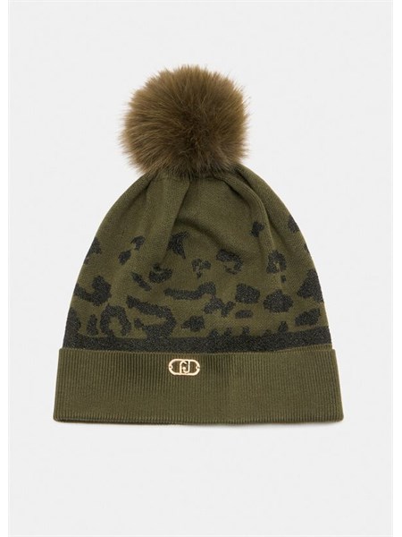 berretto liu jo in viscosa lurex verde motivo animalier e pompon tf5237ms49i