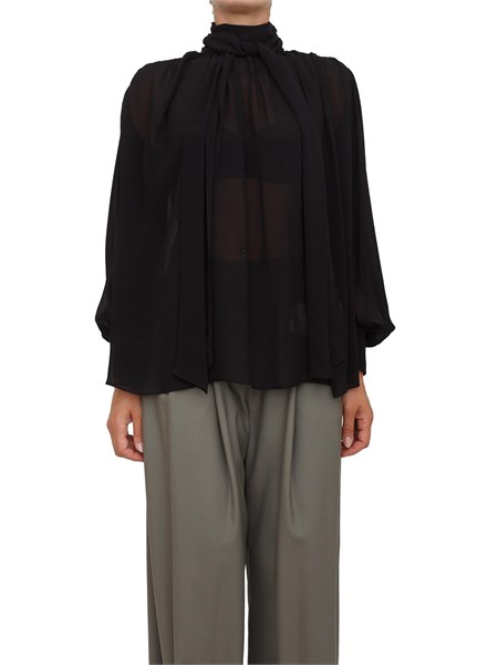 camicia blusa marella in georgette di viscosa nera con fiocco e arricci su scollo canapa