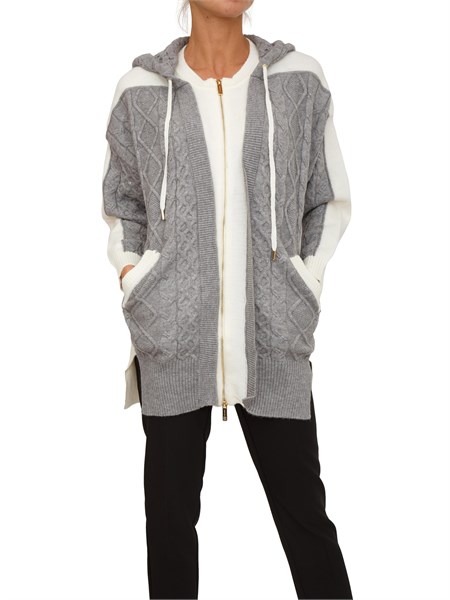 cardigan full zip e cappuccio fracomina in viscosa grigia e bianca fs25wt8001k47101