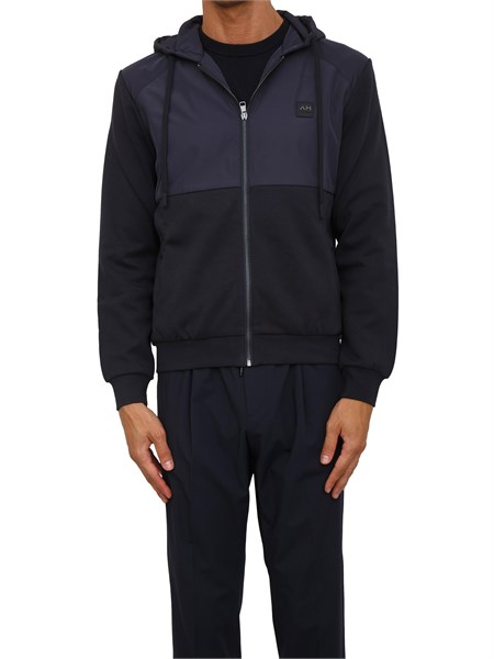 felpa antony morato con zip e cappuccio in cotone interlock e tessuto tecnico blu mmfl01100fa150168