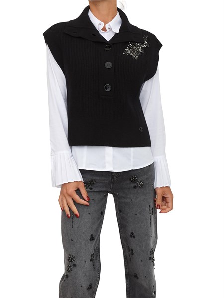 gilet maglia liu jo donna in lana nera con ricamo gioiello mf5058ms009