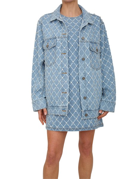 giubbino pifferaio pinko in denim chiaro con rombi e strass pifferaioa32n