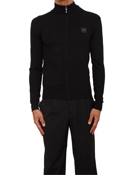 maglia antony morato slim fit in misto viscosa nera con patch logata e zip mmsw01441ya500002