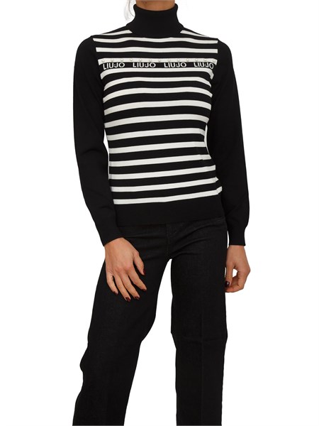 maglia collo alto liu jo donna in misto viscosa a righe bianco nere tf5219ms63l
