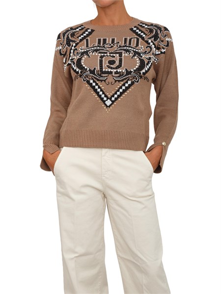 maglia liu jo donna in lana beige con logo jacquard strass e borchie tf5225ma51i