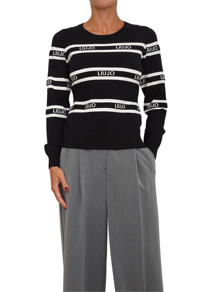 maglia liu jo in misto viscosa nera motivo a righe e perle tf5303ms63l