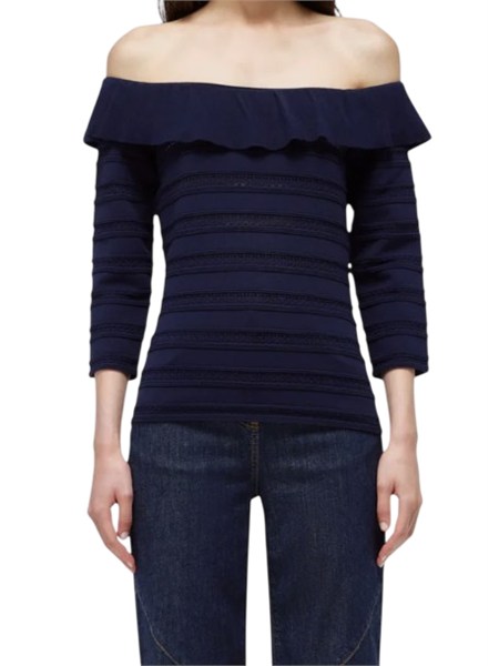 maglia off shoulder blugirl in viscosa blu con balza ra6051ma89r