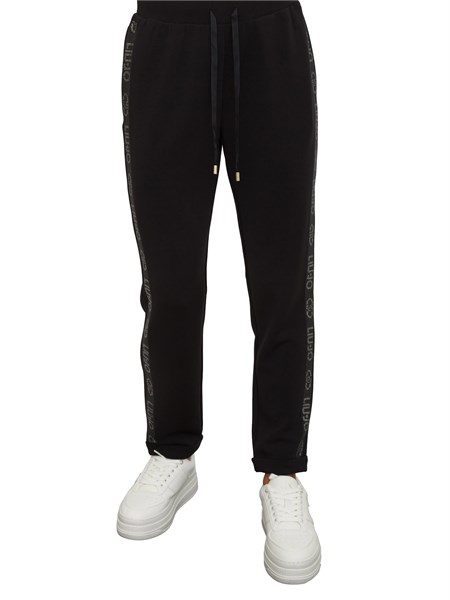 pantalone tuta liu jo donna in cotone nero con banda strass logo tf5093j4616
