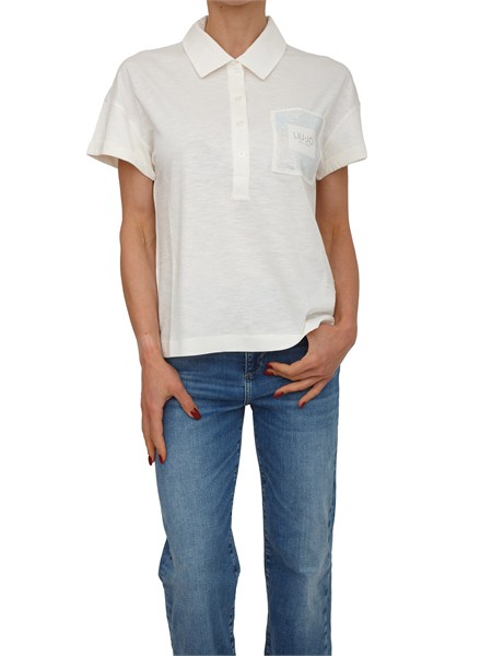 polo liu jo donna in cotone bianco con tasca strass ta6159js870
