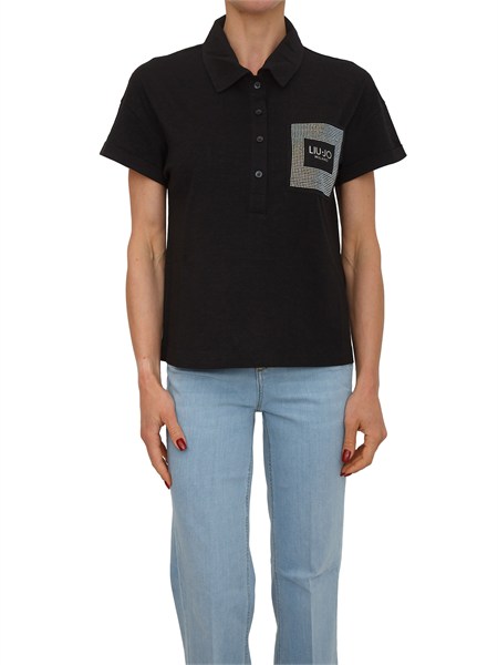 polo liu jo donna in cotone nero con tasca strass ta6159js870