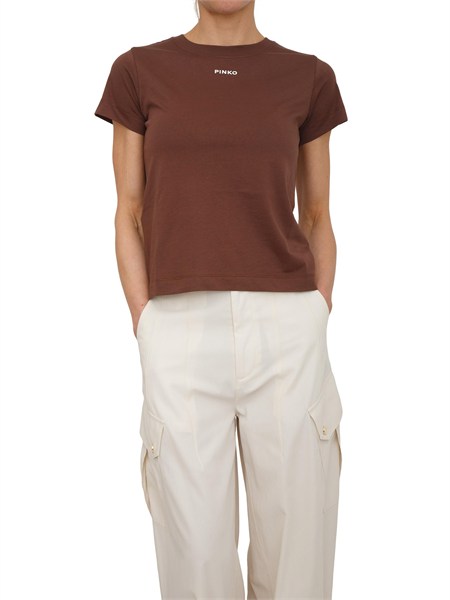 t shirt basico pinko in cotone marrone con logo lettering basicoa34f