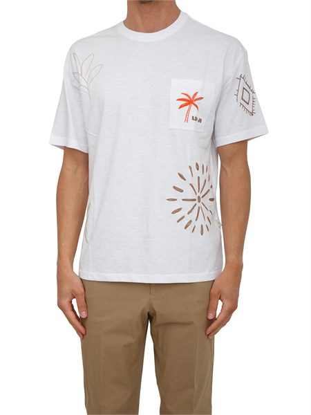 t shirt bianca liu jo uomo in cotone con ricami etnici qa6165j3924