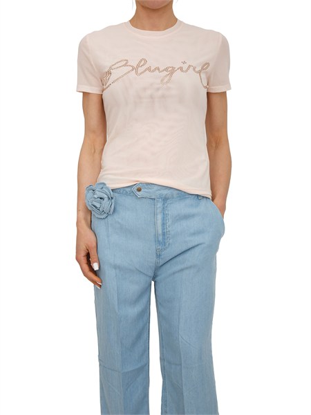 t shirt blugirl in tulle doppio cipria con logo cristalli ra6040j3903