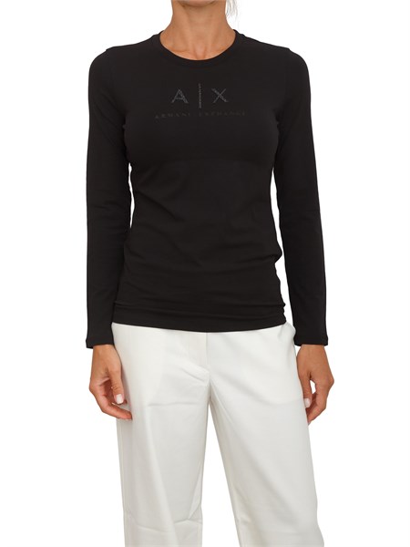 t shirt donna armani exchange in jersey di cotone nero con logo strass tono su tono xw001365af16294