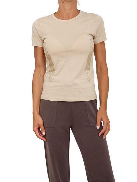 t shirt donna ea7 emporio armani in cotone e modal beige con logo a micro borchie dorate 7w000521af12503